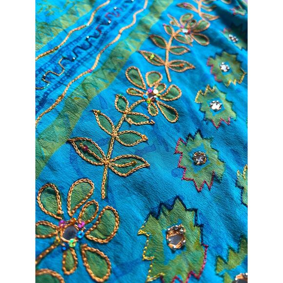 100% Upcycled Silk Indie Ella Embroidered Tunic - Turquoise - OS - Picture 6 of 10